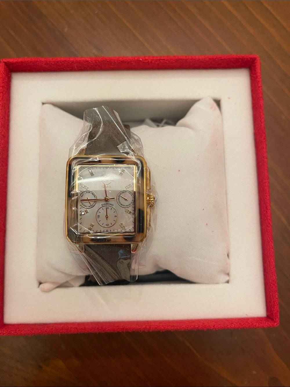 Gold-Tone Square Dial Women’s Watch with Brown Leather Strap